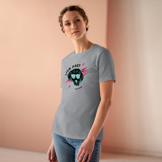 Play Hard Women's Premium Tee Shirt in Athletic Heather. The design features a cool dog with sunglasses and lightening bolts around it. The phrase "Live Fast, Play Hard" is around the design.