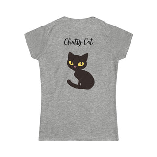 Meow Women's Softstyle Tee in Sport Grey. Shown is back showcasing a wide eyed black cartoon cat with the phrase "Chatty Cat" above it. On front of shirt is the Benefit Beagle Logo featuring a peeping cat.