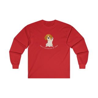 Easily Distracted Ultra Cotton Long Sleeve Tee in Red. Shown is front design featuring a dog waving with the saying "Easily Distracted by Dogs" below it. The back of shirt has the classic Benefit Beagle Logo.