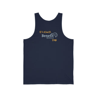 Beagle-Thirty Mugs Unisex Jersey Tank in Navy. Shown is back of shirt featuring "Beagle-Thirty" Benefit Beagle Logo. The front Showcases Two Dog Adorned Mugs clinking with, "It's Beagle- Thirty" written above it.