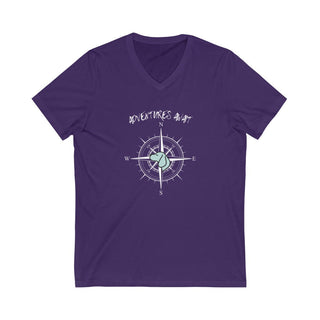 Adventures Await Unisex V-Neck Tee in Team Purple. The front of shirt features the Adventures Await design with a dog inside a nautical compass and the words "Adventures Await" above it. The back of the shirt has similar Benefit Beagle Logo.