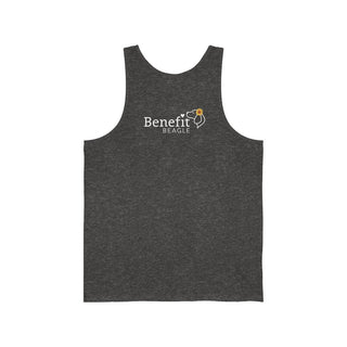 You are my Sunshine Unisex Jersey Tank in Charcoal Black Triblend. Shown is back of shirt featuring the Sunflower Benefit Beagle Logo. The front showcases a sunflower which is split down the middle and half is made out of paw prints. Underneath is the phrase "You are my Sunshine".