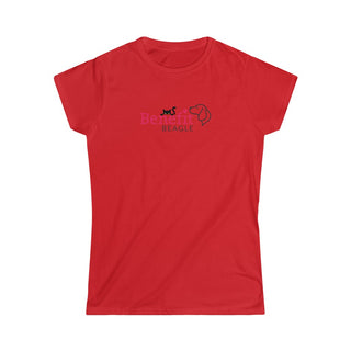 Meow Women's Softstyle Tee in Red. Shown is front of shirt with the Benefit Beagle Logo featuring a peeping cat. The back showcases a wide eyed black cartoon cat with the phrase "Chatty Cat" above it.