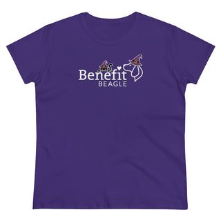 A slightly more fitted take of a classic short sleeve cotton tee. This contoured silhouette is made out of a soft, light cotton. Front side shown in Purple with a Seasonal Benefit Beagle Logo Design. Back side showcases Wide Eyed Cartoon Cat wearing Purple Hat Standing over Broom. "Crossing Paths Since 1692". Purrfect for Halloween, or anytime!