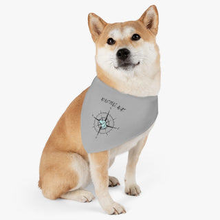 Dog wearing Adventures Await Dog Collar Bandana in Grey. The Adventures Await design features a nautical compass with the profile of a dog in the center. Comes with adjustable black collar. 