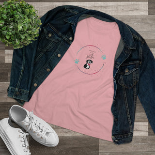 Dog Hair is my Glitter Women's Premium Tee in Pink. The Dog Hair is my Glitter design features a dog with the phrase "Dog Hair is my Glitter" above it and it is surrounded by a circle with paw prints.