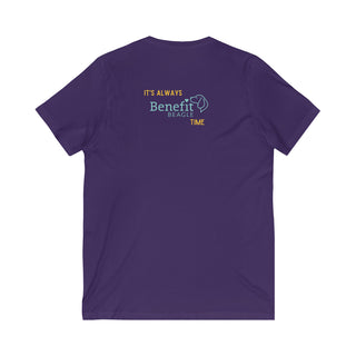 Beagle-Thirty Bottles Unisex Jersey Short Sleeve V-Neck Tee in Team Purple. Shown is back of shirt featuring "Beagle-Thirty" Benefit Beagle Logo. The front Showcases Two Paw Labeled Bottles clinking with, "It's Beagle-Thirty" written next to it.