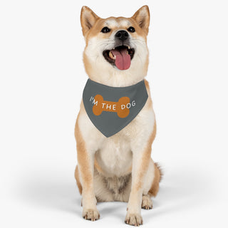 Dog wearing Easily Distracted Dog Collar Bandana in Grey. The design features a large dog bone with the words, "I'M THE DOG" written across it. Comes with adjustable black collar.