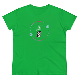 Dog Hair is my Glitter Women's Midweight Cotton Tee in Irish Green. The Dog Hair is my Glitter design features a dog with the phrase "Dog Hair is my Glitter" above it and it is surrounded by a circle with paw prints.