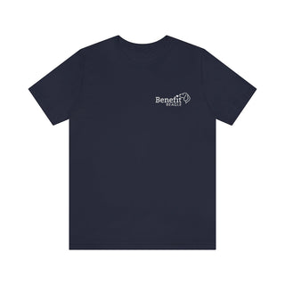 Live in the Moment Unisex Short Sleeve Tee in Navy. The Live in the Moment design features the Benefit Beagle logo in the top corner of the garment.