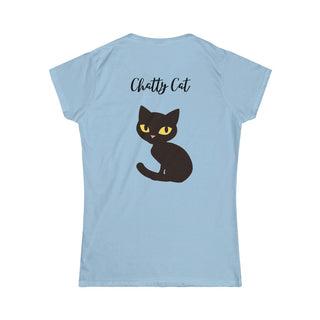 Meow Women's Softstyle Tee in Light Blue. Shown is back showcasing a wide eyed black cartoon cat with the phrase "Chatty Cat" above it. On front of shirt is the Benefit Beagle Logo featuring a peeping cat.