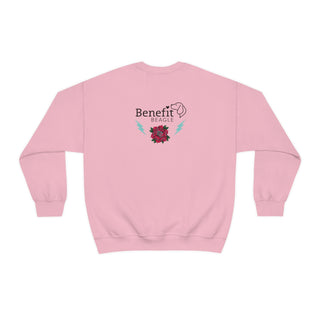 Stay Wild Unisex Heavy Blend Crewneck Sweatshirt in Pink. Shown is the back of shirt with Benefit Beagle Logo complete with Tattoo Rose. On front of shirt is Stay Wild Design featuring a tattoo style rose with the phrase "Stay Wild, Play Hard" around it.