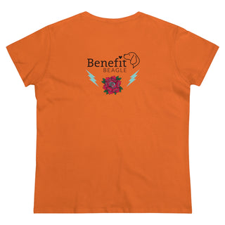 Stay Wild Women's Midweight Cotton Tee in Orange. Shown is the back of shirt with Benefit Beagle Logo complete with Tattoo Rose. On front of shirt is Stay Wild Design featuring a tattoo style rose with the phrase "Stay Wild, Play Hard" around it.