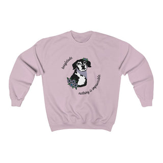 Signature Tattoo Flowers Crewneck Sweatshirt in Light Pink. Shown is front of shirt with the Signature Tattoo Flowers design featuring a dog with flowers around it and the phrase "Beagletude" and "Nothing is Impawssible". Back of shirt features the Benefit Beagle Logo.