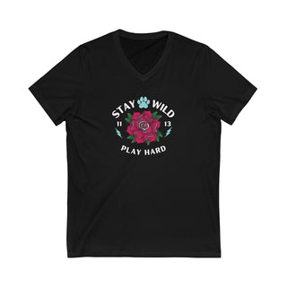 Stay Wild Unisex Jersey Short Sleeve V-Neck Tee in Black. The Stay Wild Design features a tattoo style rose with the phrase "Stay Wild, Play Hard" around it. The back of shirt features the Stay Wild Benefit Beagle Logo Design.