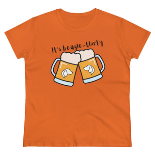 Beagle-Thirty Mugs Women's Midweight Cotton Tee in Orange. The front of shirt showcases Two Dog Adorned Mugs clinking with the saying, "It's Beagle-Thirty" above it. Back of shirt features corresponding Benefit Beagle Logo.