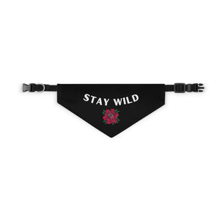 Stay Wild Dog Collar Bandana in Black. The Stay Wild design features the phrase "Stay Wild" with a tattoo style rose under it. Comes with adjustable black collar.