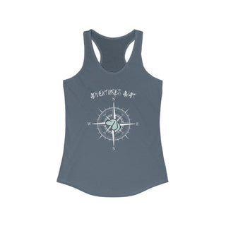 Adventures Await Women's Racerback Tank in Indigo. The front of shirt features the Adventures Await design with a dog inside a nautical compass and the words "Adventures Await" above it. The back of the shirt has similar Benefit Beagle Logo.