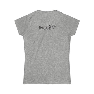 Signature Tattoo Flowers Women's Softstyle Tee in Sport Grey. Shown is back of shirt with the Benefit Beagle Logo. Front of shirt has the Signature Tattoo Flowers design featuring a dog with flowers around it and the phrase "Beagletude" and "Nothing is Impawssible".