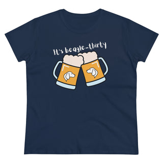 Beagle-Thirty Mugs Women's Midweight Cotton Tee in Navy. The front of shirt showcases Two Dog Adorned Mugs clinking with the saying, "It's Beagle-Thirty" above it. Back of shirt features corresponding Benefit Beagle Logo.