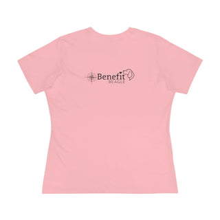 Adventures Await Women's Premium Tee in Pink. Shown is the back of shirt with a Nautical Compass Benefit Beagle Logo. The front of shirt features the Adventures Await design with a dog inside a nautical compass and the words "Adventures Await" above it.