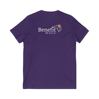 You are my Sunshine Unisex V-Neck Tee in Purple. Shown is back of shirt featuring the Sunflower Benefit Beagle Logo. The front showcases a sunflower which is split down the middle and half is made out of paw prints. Underneath is the phrase "You are my Sunshine".