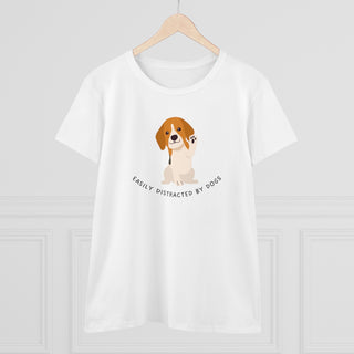 Easily Distracted Women's Midweight Cotton Tee in Team White. Shown is front design featuring a dog waving with the saying "Easily Distracted by Dogs" below it. The back of shirt has the classic Benefit Beagle Logo.