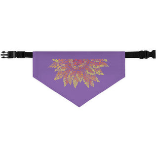 You are my Sunshine Pet Bandana Collar in Purple. The You are my Sunshine design features half of a sunflower made out of little paw prints. Comes with adjustable black collar.