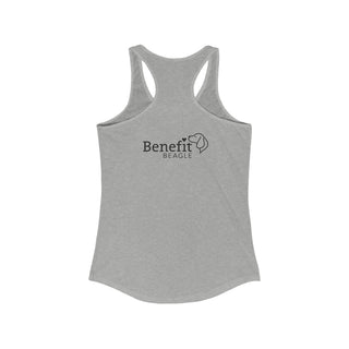 Easily Distracted Women's Racerback Tank in Heather Grey. Shown is back design with the classic Benefit Beagle Logo. The front design features a dog waving with the saying "Easily Distracted by Dogs" below it.