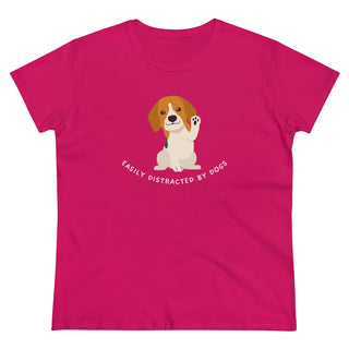 Easily Distracted Women's Midweight Cotton Tee in Team Heliconia Pink. Shown is front design featuring a dog waving with the saying "Easily Distracted by Dogs" below it. The back of shirt has the classic Benefit Beagle Logo.