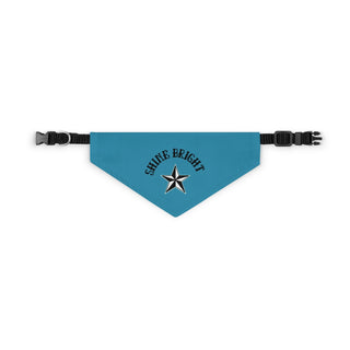 Brightest Star Pet Bandana Collar in blue. The Brightest Star design features the phrase "Shine Bright" with a nautical star. Comes with adjustable black collar.