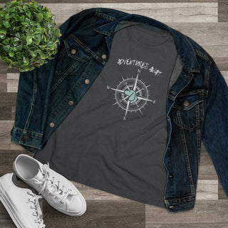 Adventures Await Women's Premium Tee in Asphalt. The front of shirt features the Adventures Await design with a dog inside a nautical compass and the words "Adventures Await" above it. The back of the shirt has similar Benefit Beagle Logo.