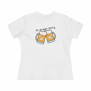 Beagle-Thirty Mugs Women's Premium Tee in White. The front of shirt showcases Two Dog Adorned Mugs clinking with the saying, "It's Beagle-Thirty" above it. Back of shirt features corresponding Benefit Beagle Logo.