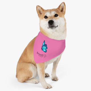 Dog wearing the Lincoln Butterfly Dog Collar Bandana in Pink. The Lincoln Butterfly design features the Benefit Beagle logo with a blue butterfly above it. Comes with adjustable black collar.