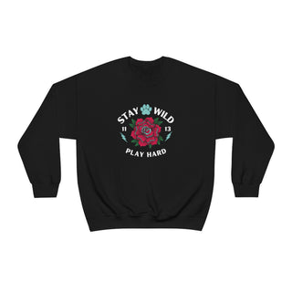 Stay Wild Unisex Heavy Blend Crewneck Sweatshirt in Black. The Stay Wild Design features a tattoo style rose with the phrase "Stay Wild, Play Hard" around it. The back of shirt features the Stay Wild Benefit Beagle Logo Design.