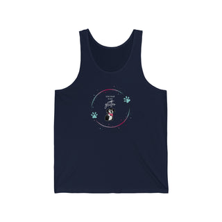 Dog Hair is my Glitter Unisex Jersey Tank in Navy. The Dog Hair is my Glitter design features a dog with the phrase "Dog Hair is my Glitter" above it and it is surrounded by a circle with paw prints.