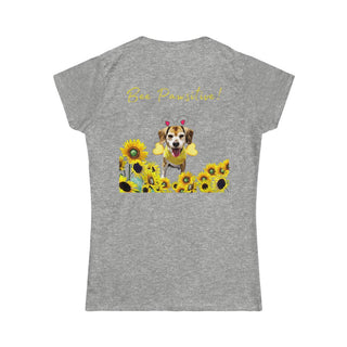 Bee Pawsitive Women's Softstyle Tee in Sport Grey. Shown is back of shirt showcasing a dog dressed as as bee in a a field of sunflowers with the phrase "Bee Pawsitive!" above it. The front features the Bee Pawsitive Benefit Beagle Logo.