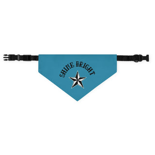 Brightest Star Pet Bandana Collar in blue. The Brightest Star design features the phrase "Shine Bright" with a nautical star. Comes with adjustable black collar.