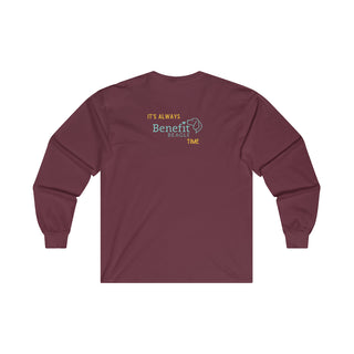 Beagle-Thirty Bottles Unisex Ultra Cotton Long Sleeve Tee in Maroon. Shown is back of shirt featuring "Beagle-Thirty" Benefit Beagle Logo. The front Showcases Two Paw Labeled Bottles clinking with, "It's Beagle-Thirty" written next to it.