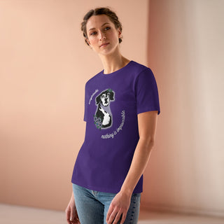 Signature Tattoo Flowers Women's Premium Tee in Purple. Shown is front of shirt with the Signature Tattoo Flowers design featuring a dog with flowers around it and the phrase "Beagletude" and "Nothing is Impawssible". Back of shirt features the Benefit Beagle Logo.