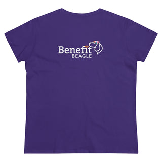 Dia De Los Muertos Women's Midweight Cotton Tee Shirt in Purple. Shown is the back of shirt with Dia De Loa Muertos Benefit Beagle Logo. The front of shirt showcases print of dogs and cats with Dia de los Muertos traditional decorations.