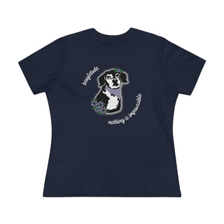 Signature Tattoo Flowers Women's Premium Tee in Navy. Shown is front of shirt with the Signature Tattoo Flowers design featuring a dog with flowers around it and the phrase "Beagletude" and "Nothing is Impawssible". Back of shirt features the Benefit Beagle Logo.