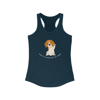 Easily Distracted Women's Racerback Tank in Midnight Navy. Shown is front design featuring a dog waving with the saying "Easily Distracted by Dogs" below it. The back of shirt has the classic Benefit Beagle Logo.