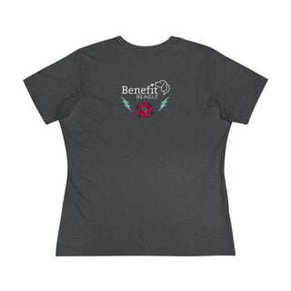 Stay Wild Women's Premium Tee in Asphalt. Shown is the back of shirt with Benefit Beagle Logo complete with Tattoo Rose. On front of shirt is Stay Wild Design featuring a tattoo style rose with the phrase "Stay Wild, Play Hard" around it.