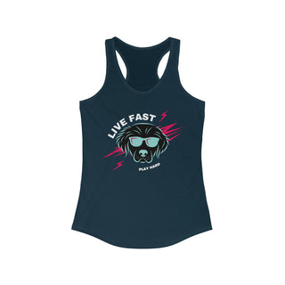 Play Hard Women's Ideal Racerback Tank in Midnight Navy. The design features a cool dog with sunglasses and lightening bolts around it. The phrase "Live Fast, Play Hard" is around the design.