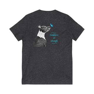 Lincoln Butterfly Unisex V-Neck Tee in Dark Grey Heather. Shown is back of shirt design showcasing profile of a dog with a blue butterfly on its nose and the phrase "Kindness is Strength" next to it. The front of shirt has Benefit Beagle Logo kissed by a Butterfly.