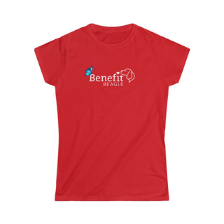 Lincoln Butterfly Women's Softstyle Tee in Red. Shown is the front of shirt with Benefit Beagle Logo kissed by butterfly. The back of shirt showcases profile of a dog with a blue butterfly on its nose and the phrase "Kindness is Strength" next to it.