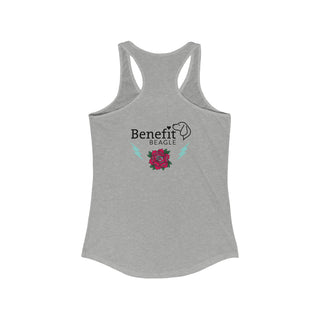 Stay Wild Women's Ideal Racerback Tank in Heather Grey.  Shown is the back of shirt with Benefit Beagle Logo complete with Tattoo Rose. On front of shirt is Stay Wild Design featuring a tattoo style rose with the phrase "Stay Wild, Play Hard" around it.