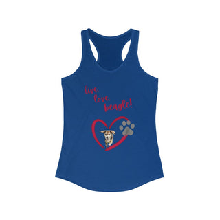 Live, Love, Beagle Women's Ideal Racerback Tank in True Royal. The Live, Love, Beagle design features a dog running through a heart with the phrase "Live, Love, Beagle!" above it.