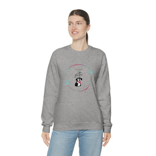 Dog Hair is my Glitter Unisex Crewneck in Sport Grey. The Dog Hair is my Glitter design features a dog with the phrase "Dog Hair is my Glitter" above it and it is surrounded by a circle with paw prints.